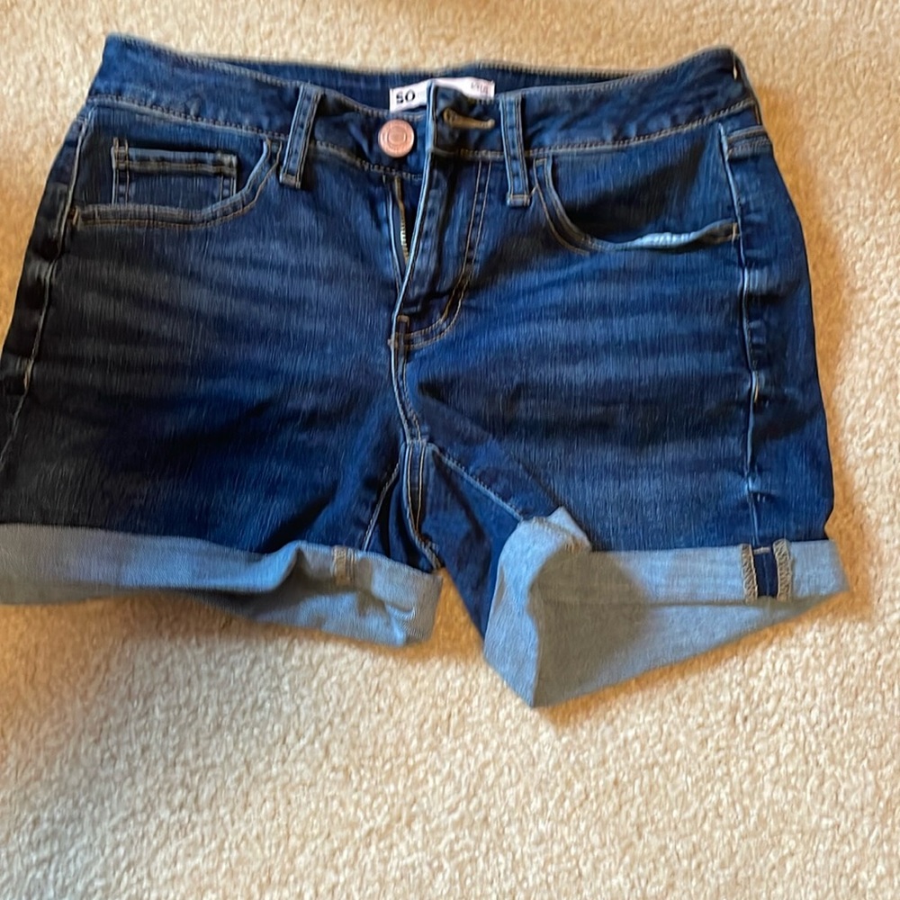 navy high waisted women’s jean shorts medium length